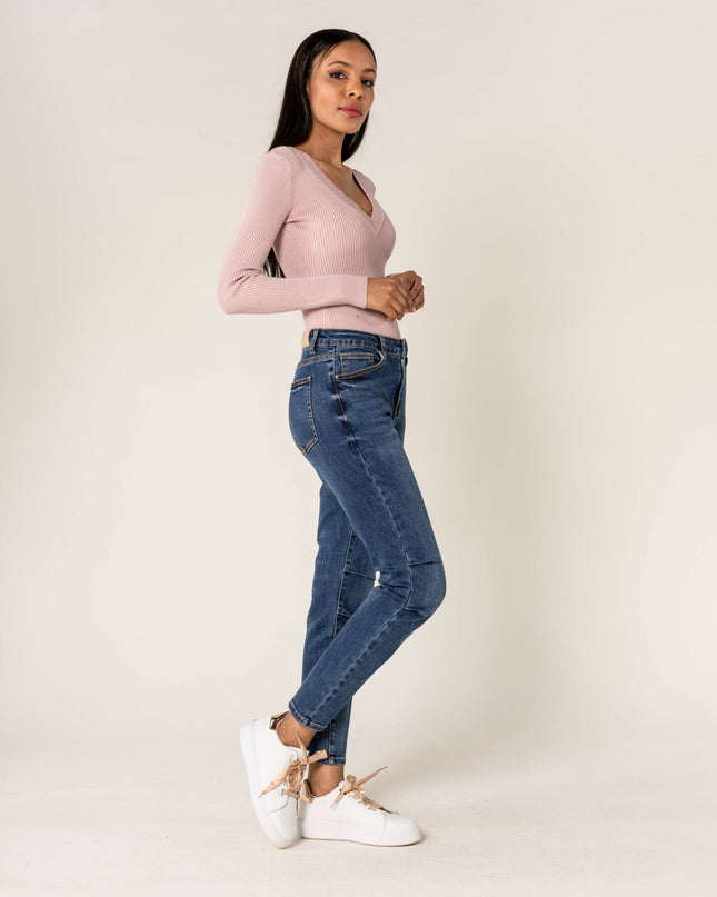 Wholesale Dark Blue High Waist Mom Jeans With Pleates On The Knees
