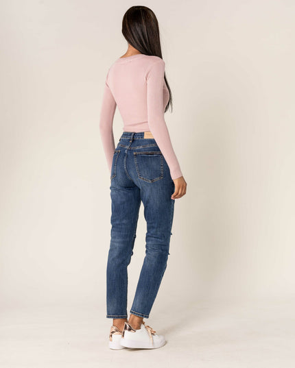 Wholesale Dark Blue High Waist Mom Jeans With Pleates On The Knees