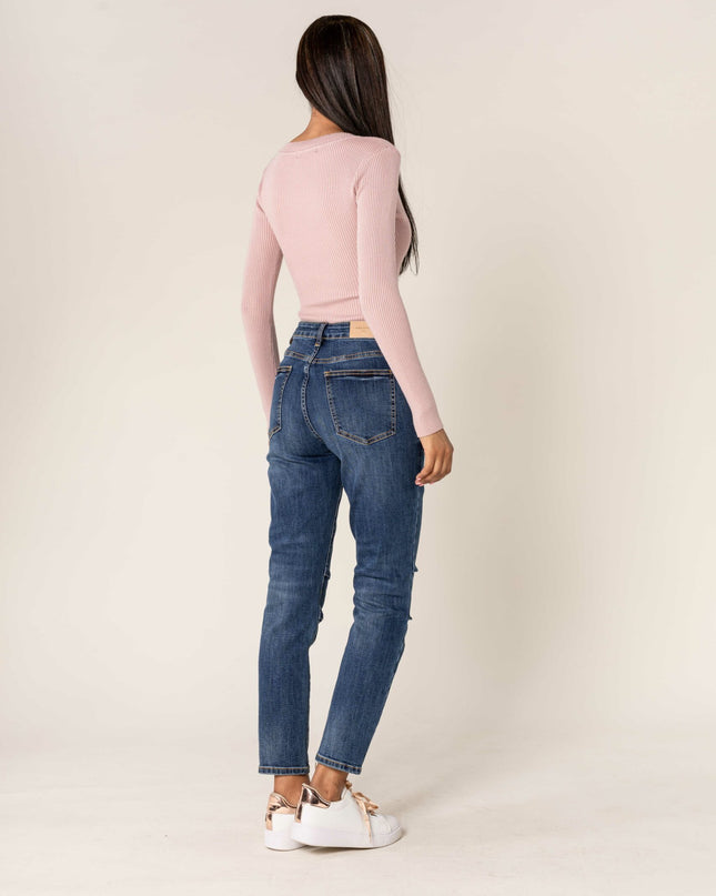 Wholesale Dark Blue High Waist Mom Jeans With Pleates On The Knees
