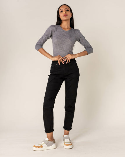 Wholesale Black High Waist Mom Jeans With Pleates On The Knees