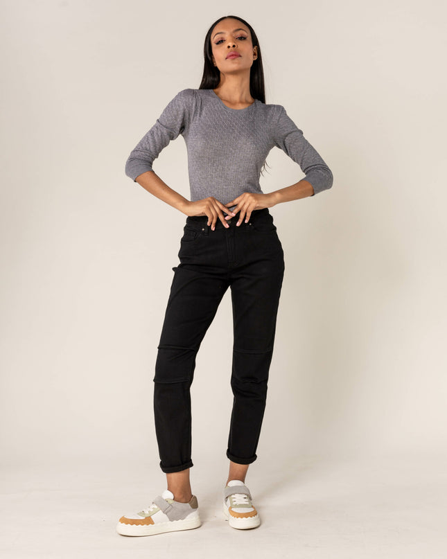 Wholesale Black High Waist Mom Jeans With Pleates On The Knees