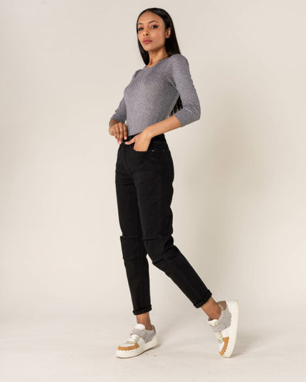 Wholesale Black High Waist Mom Jeans With Pleates On The Knees