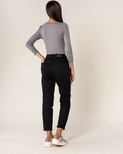 Wholesale Black High Waist Mom Jeans With Pleates On The Knees