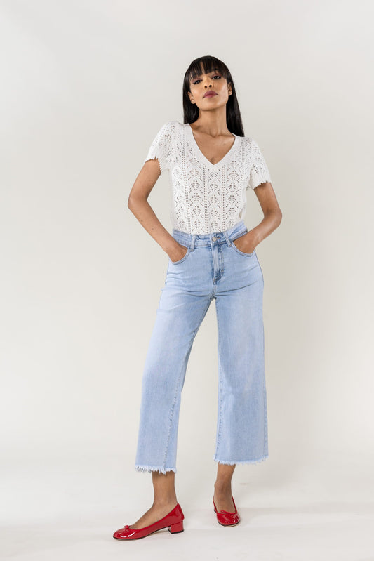 Wholesale Light Blue Flare Cropped Jeans