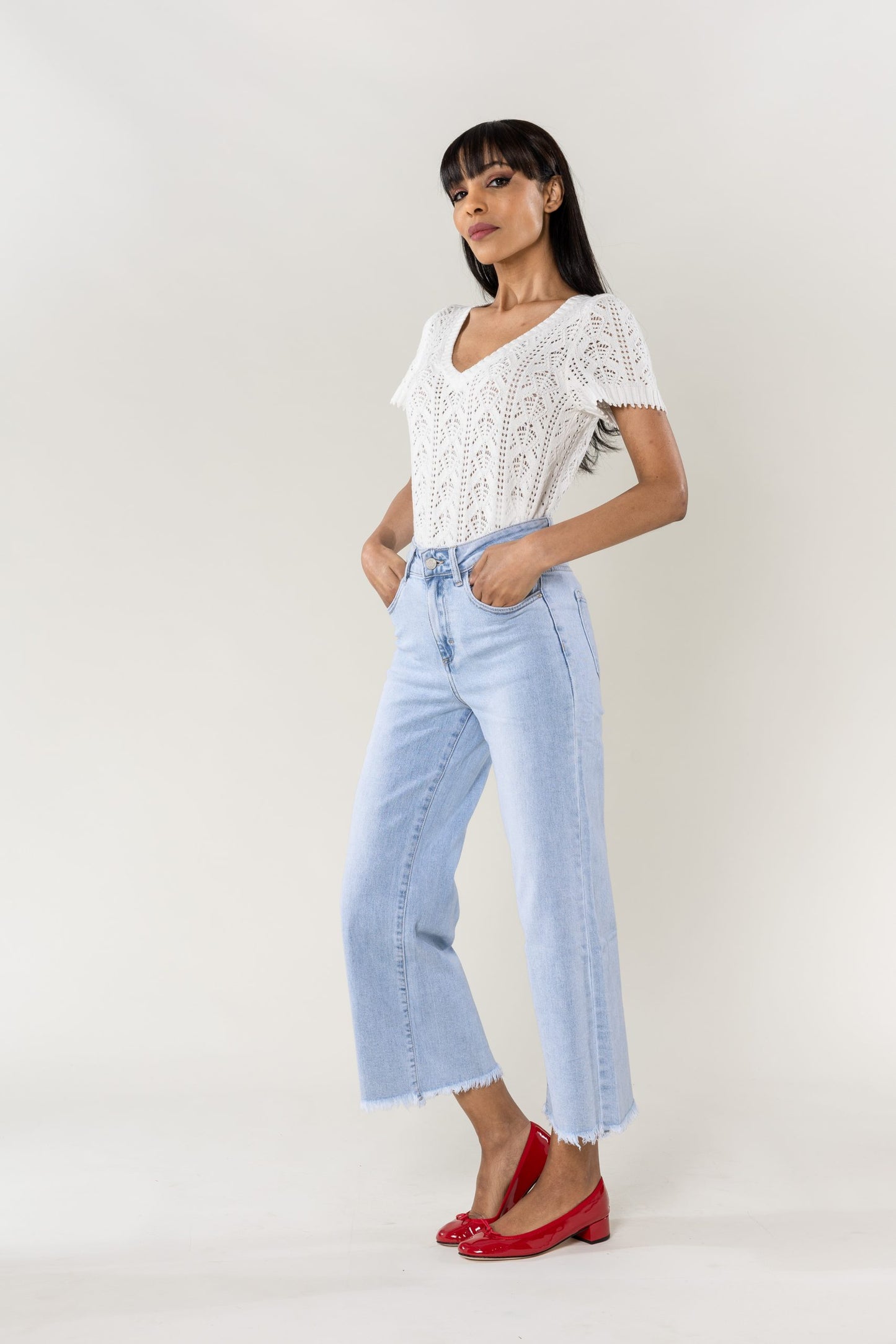 Wholesale Light Blue Flare Cropped Jeans