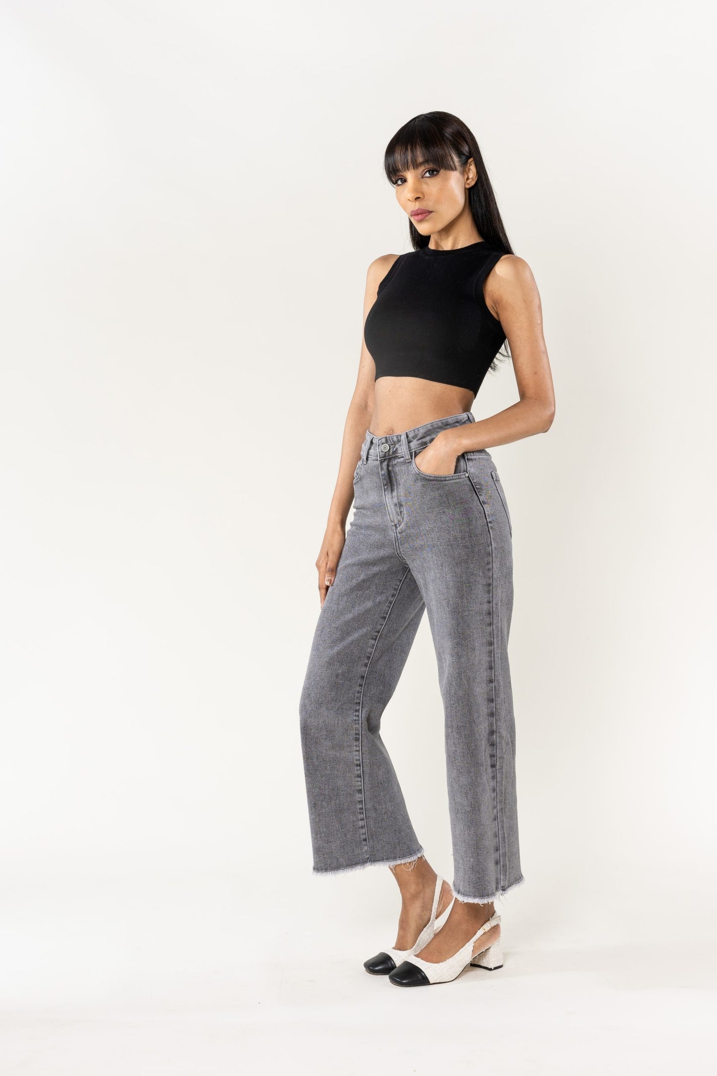 Wholesale Blue Flare Cropped Jeans Gray