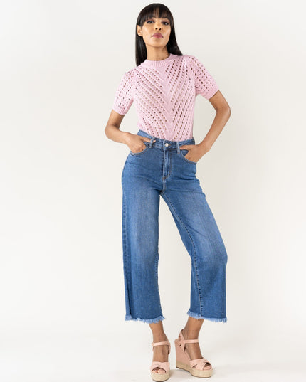 Wholesale Dark Blue Flare Cropped Jeans