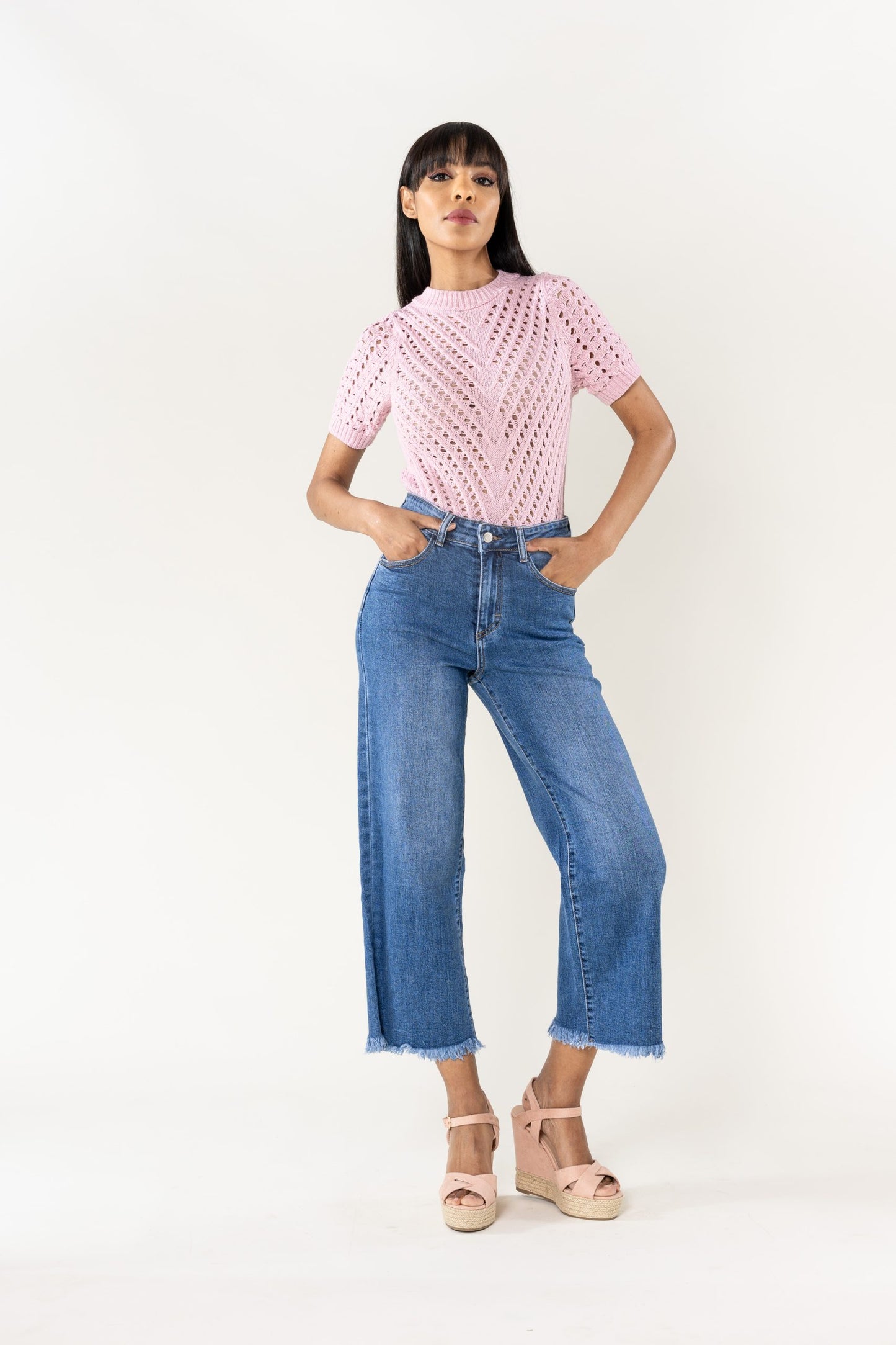 Wholesale Dark Blue Flare Cropped Jeans