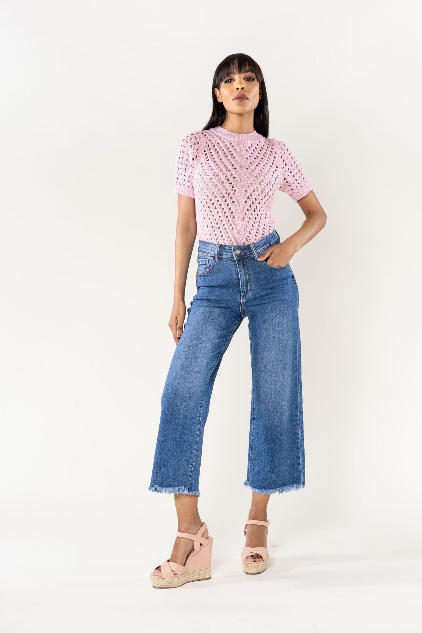 Wholesale Dark Blue Flare Cropped Jeans