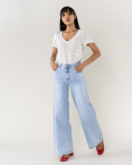 Wholesale High Waist Wide Leg Flare Jeans light blue