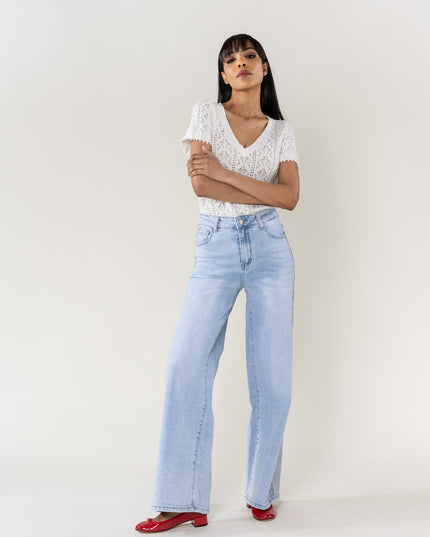 Wholesale High Waist Wide Leg Flare Jeans light blue