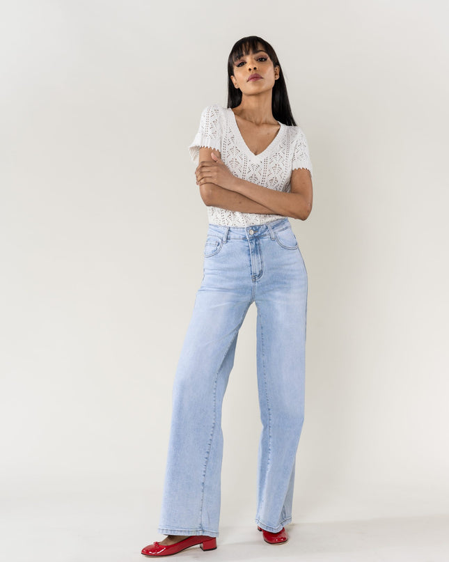 Wholesale High Waist Wide Leg Flare Jeans light blue