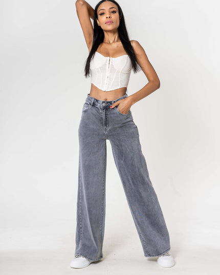 Wholesale High Waist Wide Leg Flare Jeans Light Gray