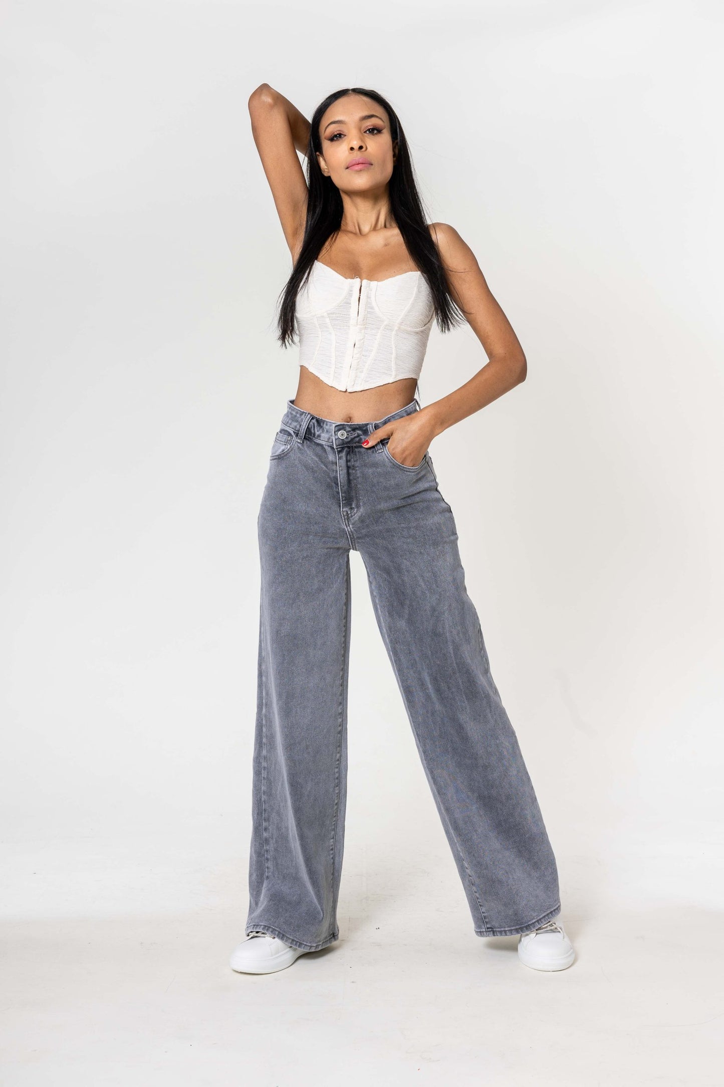 Wholesale High Waist Wide Leg Flare Jeans Light Gray