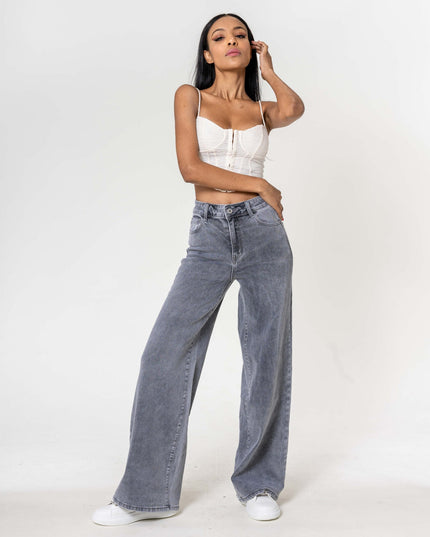 Wholesale High Waist Wide Leg Flare Jeans Light Gray