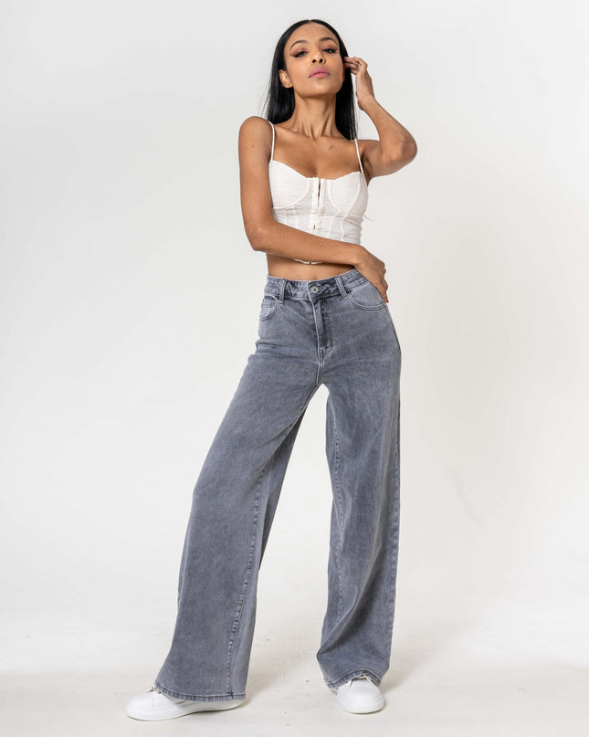 Wholesale High Waist Wide Leg Flare Jeans Light Gray