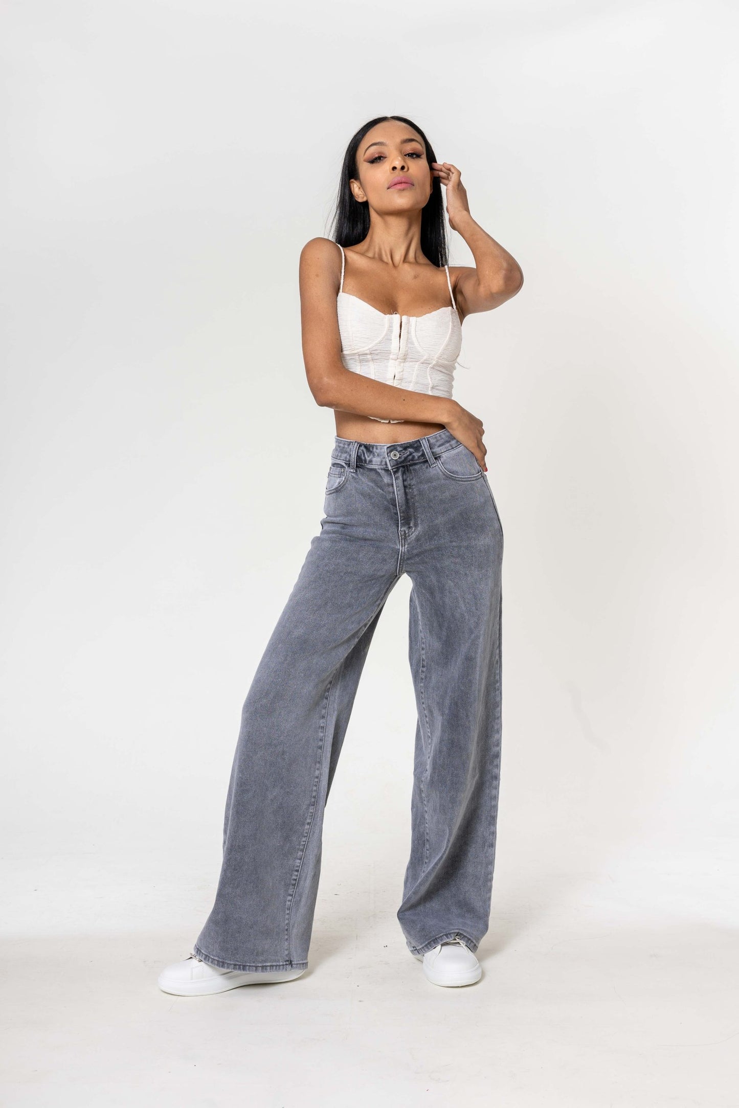 Wholesale High Waist Wide Leg Flare Jeans Light Gray