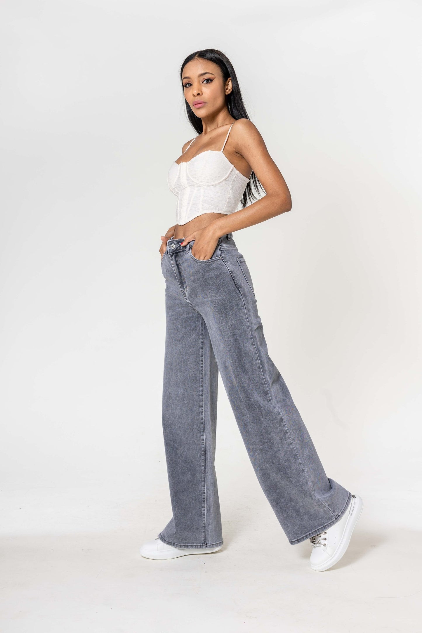 Wholesale High Waist Wide Leg Flare Jeans Light Gray