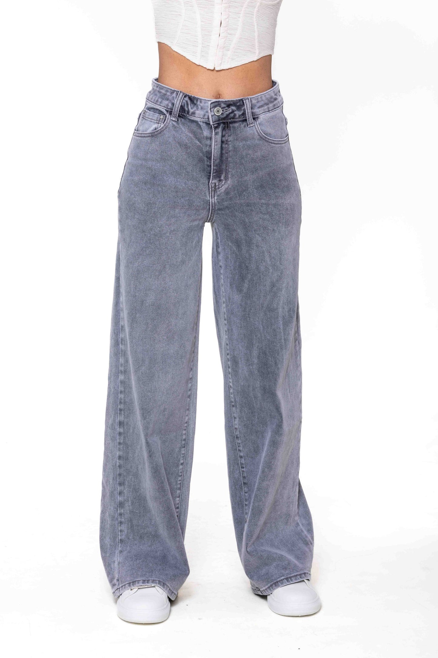 Wholesale High Waist Wide Leg Flare Jeans Light Gray