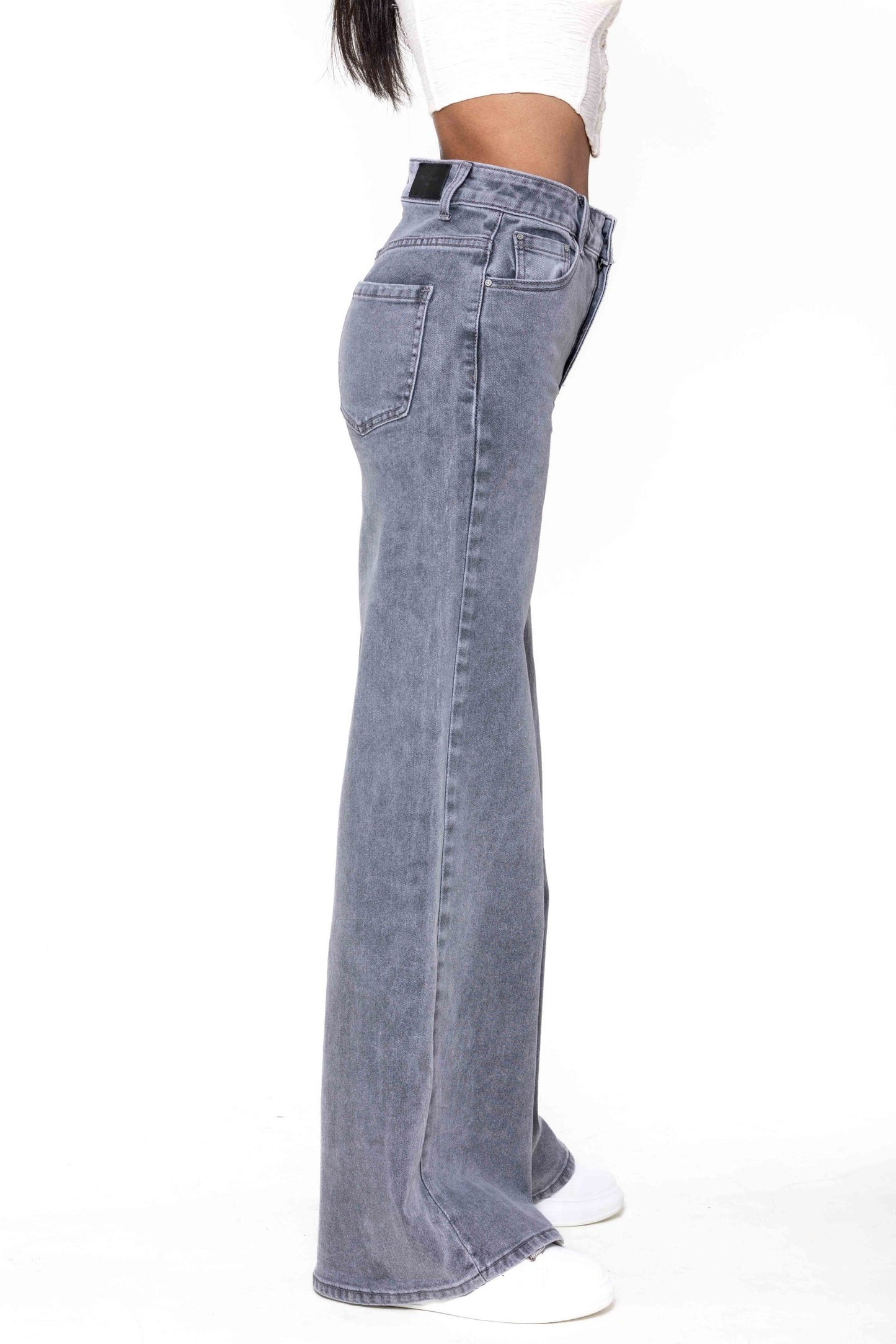 Wholesale High Waist Wide Leg Flare Jeans Light Gray