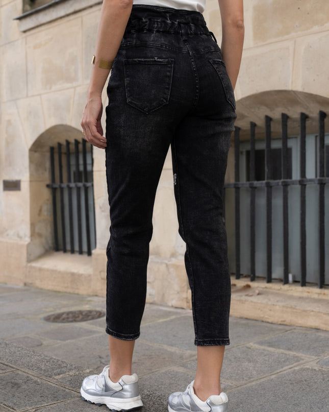High-Waist Stretch Buttoned Baggy Jeans with Elastic Waistband and Embellishments