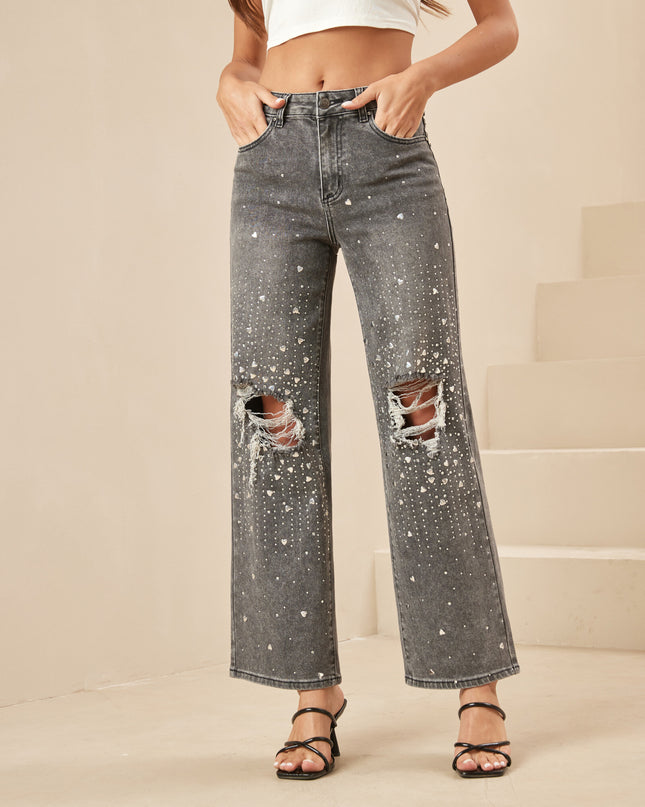 Women's Straight Distressed Rhinestone Jeans Slim High-Rise Stretch Embellished