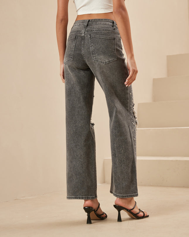 Women's Straight Distressed Rhinestone Jeans Slim High-Rise Stretch Embellished