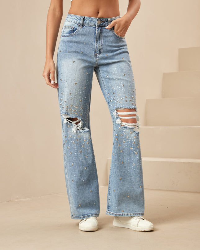Women's Straight Distressed Rhinestone Jeans Slim High-Rise Stretch Embellished