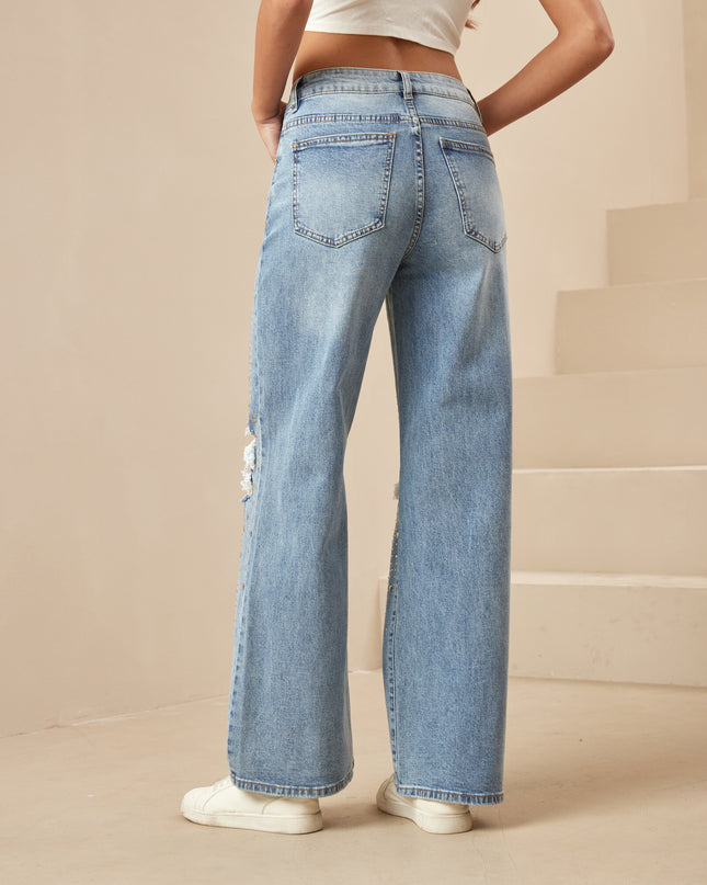 Women's Straight Distressed Rhinestone Jeans Slim High-Rise Stretch Embellished