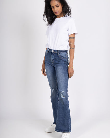 High-Waist Ripped Flared Jeans Stretch Denim Vintage Wash Distressed