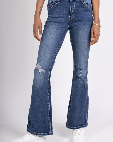 High-Waist Ripped Flared Jeans Stretch Denim Vintage Wash Distressed