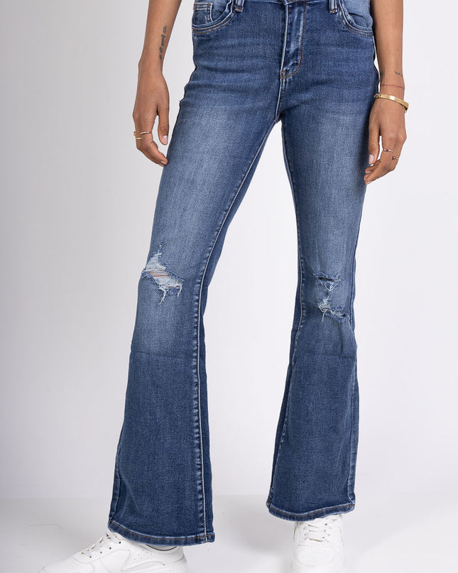 High-Waist Ripped Flared Jeans Stretch Denim Vintage Wash Distressed