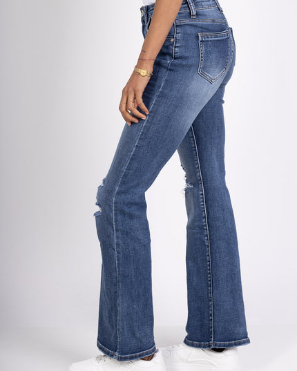 High-Waist Ripped Flared Jeans Stretch Denim Vintage Wash Distressed