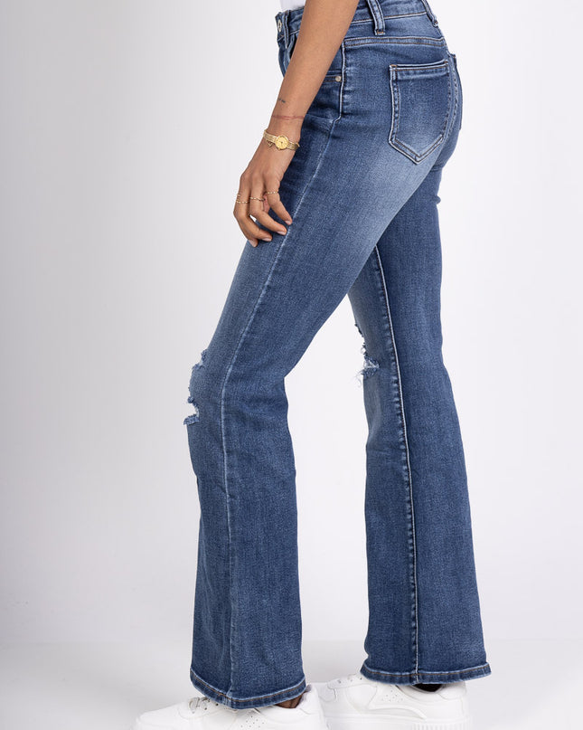 High-Waist Ripped Flared Jeans Stretch Denim Vintage Wash Distressed