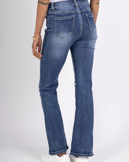 High-Waist Ripped Flared Jeans Stretch Denim Vintage Wash Distressed