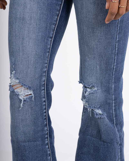 High-Waist Ripped Flared Jeans Stretch Denim Vintage Wash Distressed