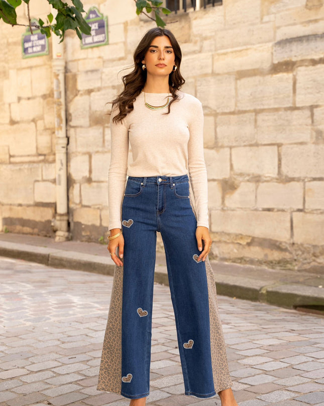 Stretch Palazzo Jeans with Leopard Print High-Waist Wide-Leg Comfort