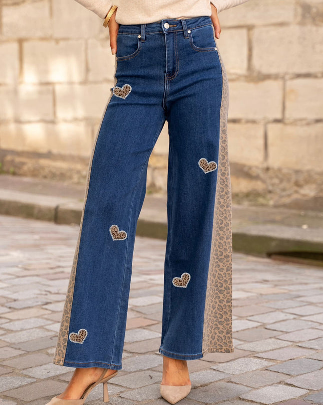Stretch Palazzo Jeans with Leopard Print High-Waist Wide-Leg Comfort