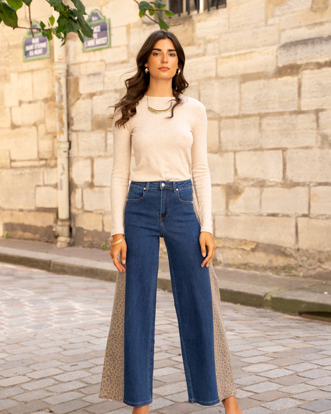 Stretch palazzo jeans with leopard print