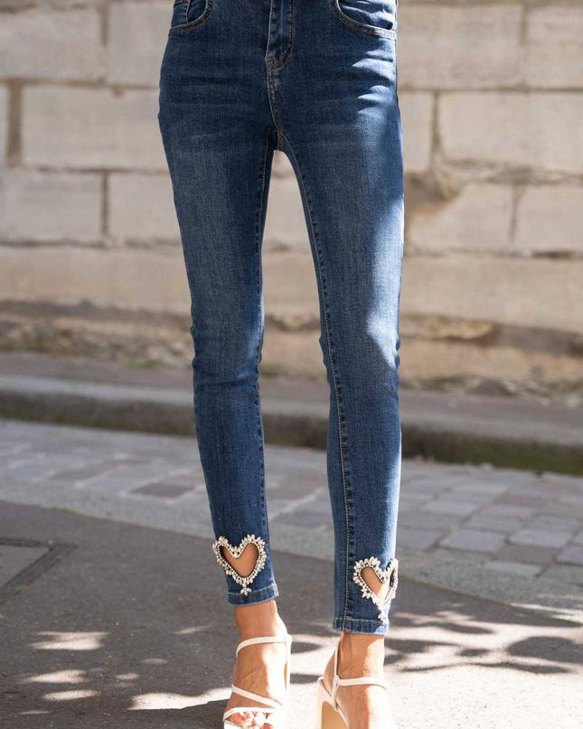 High-Waist Skinny Stretch Jeans with Diamond Heart Ankles