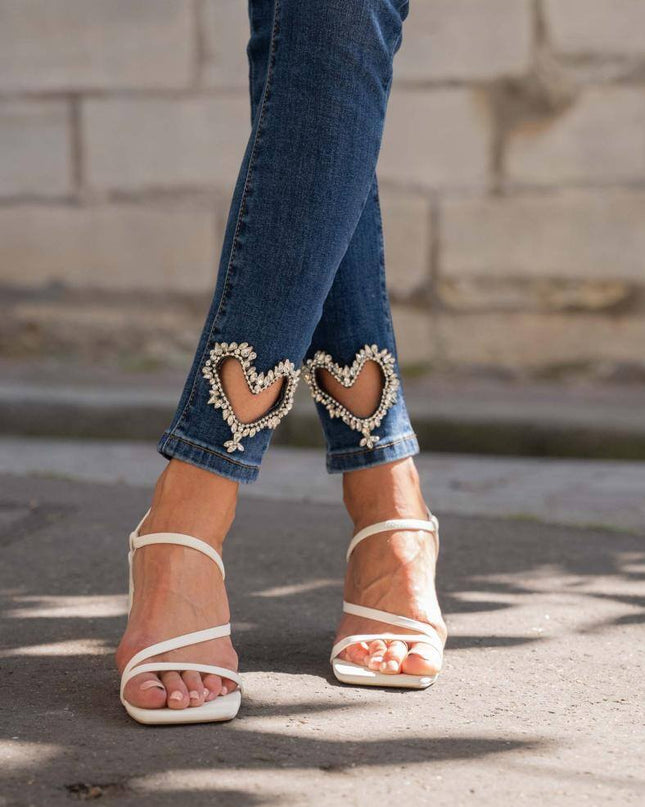 High-Waist Skinny Stretch Jeans with Diamond Heart Ankles