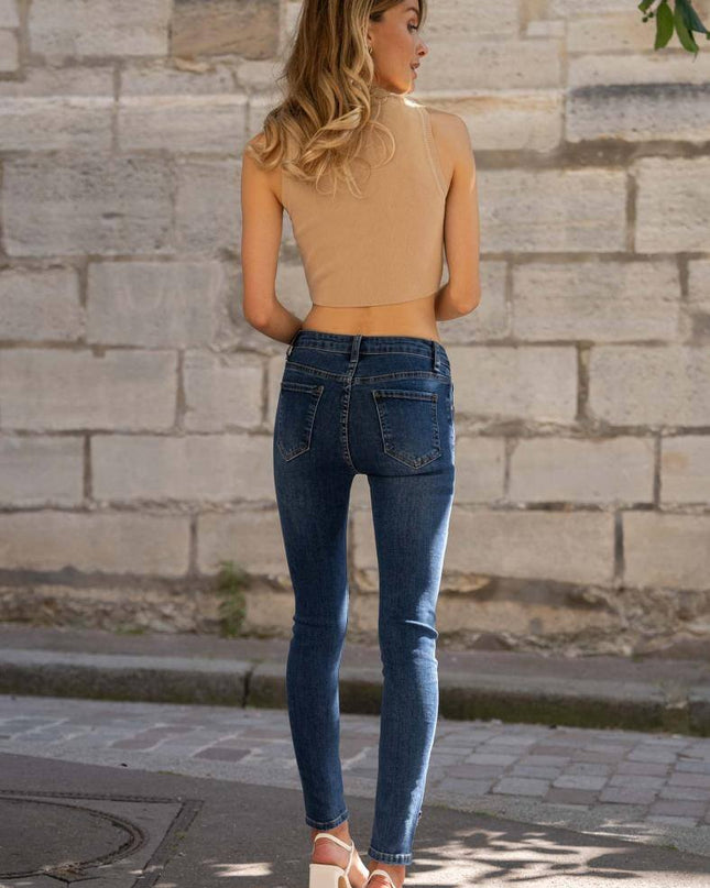 High-Waist Skinny Stretch Jeans with Diamond Heart Ankles