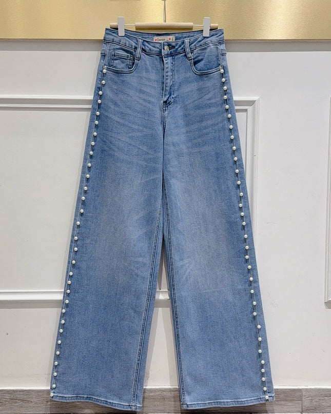 DenimLife Super Wide-Leg Stretch Jeans with Pearl Embellishments
