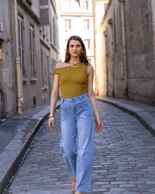 Women's Wide Balloon Stretch High-Waist Jeans with Side Pockets