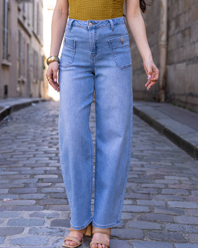 Women's Wide Balloon Stretch High-Waist Jeans with Side Pockets