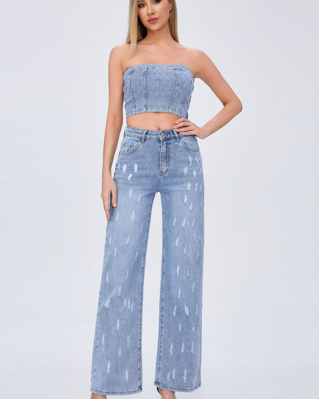 Ripped Wide Straight Jeans High-Rise Relaxed Fit Distressed Denim