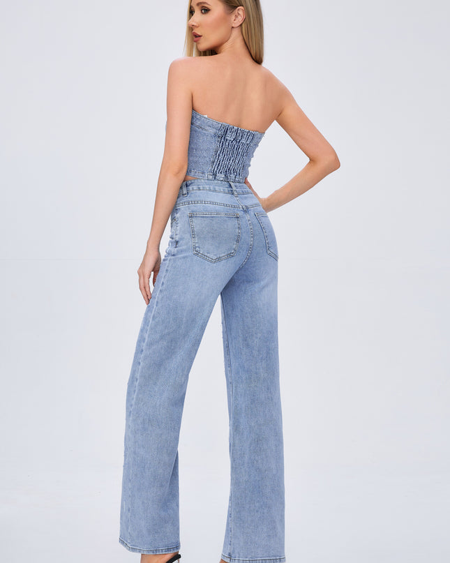 Ripped Wide Straight Jeans High-Rise Relaxed Fit Distressed Denim