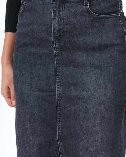 Long Raw-Hem Denim Maxi Skirt with Front Slit