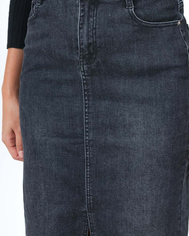 Long Raw-Hem Denim Maxi Skirt with Front Slit