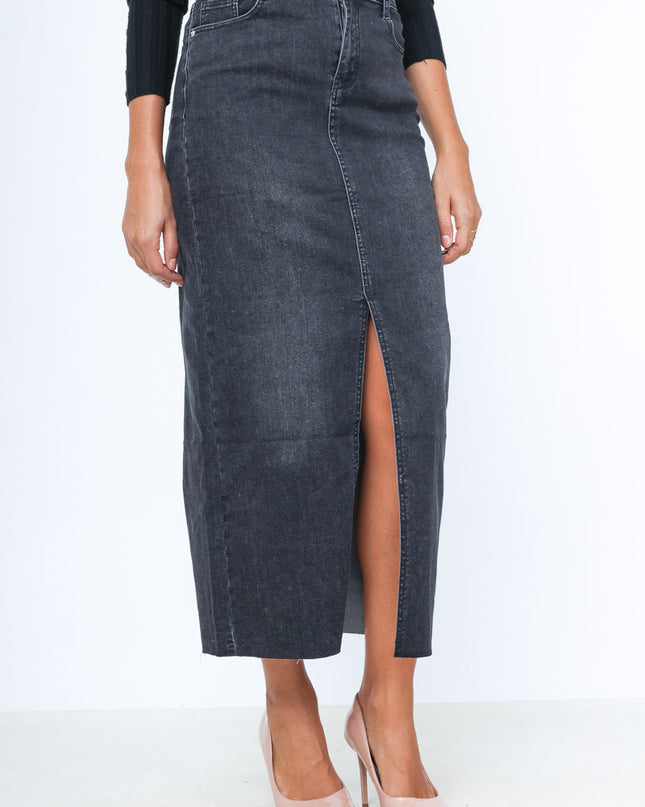 Long Raw-Hem Denim Maxi Skirt with Front Slit